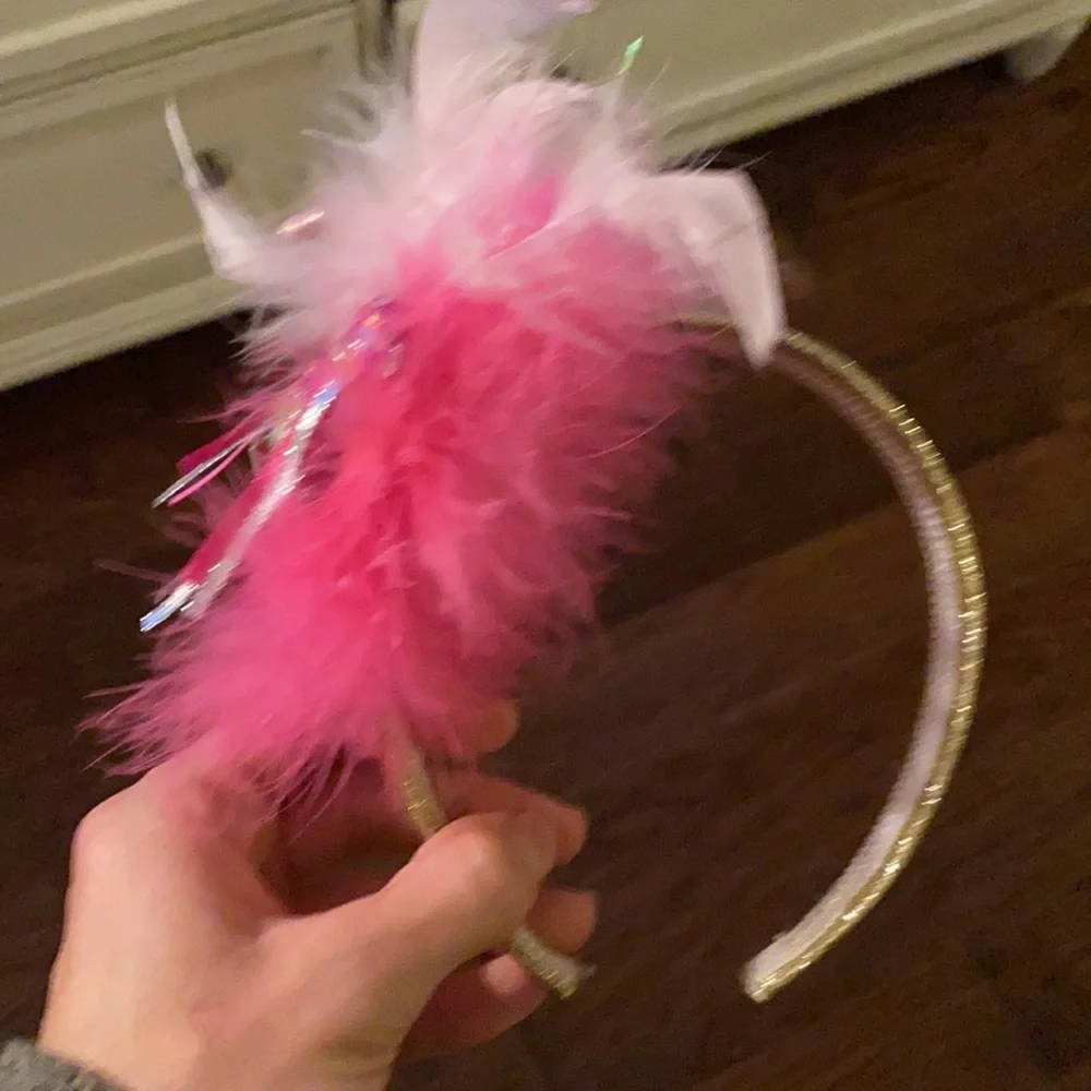 Mardi Gras mask pink feather headband with gold glitter think band headpiece​